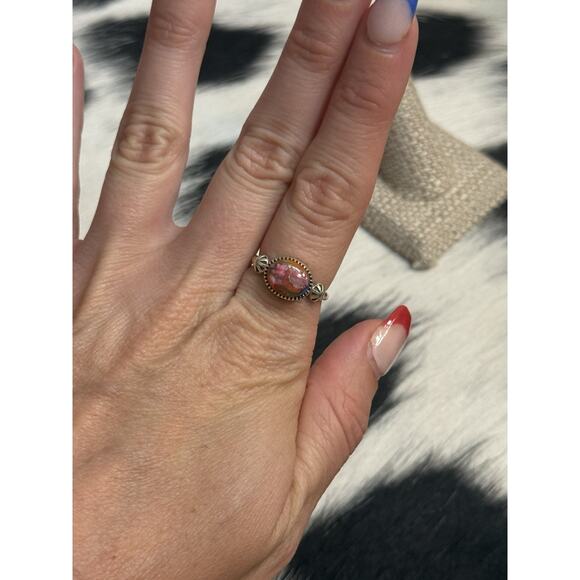 Native American SW Sterling Silver Pink Dahlia Turquoise Stacker Ring 7 Concho - Picture 4 of 8